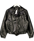 New Look Black Black Faux Leather Buckle Hem Funnel Neck Jacket, size UK 8 — front