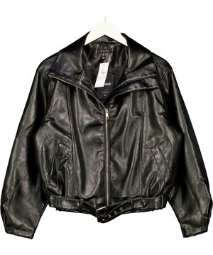 New Look Black Faux Leather Buckle Hem Funnel Neck Jacket UK 8