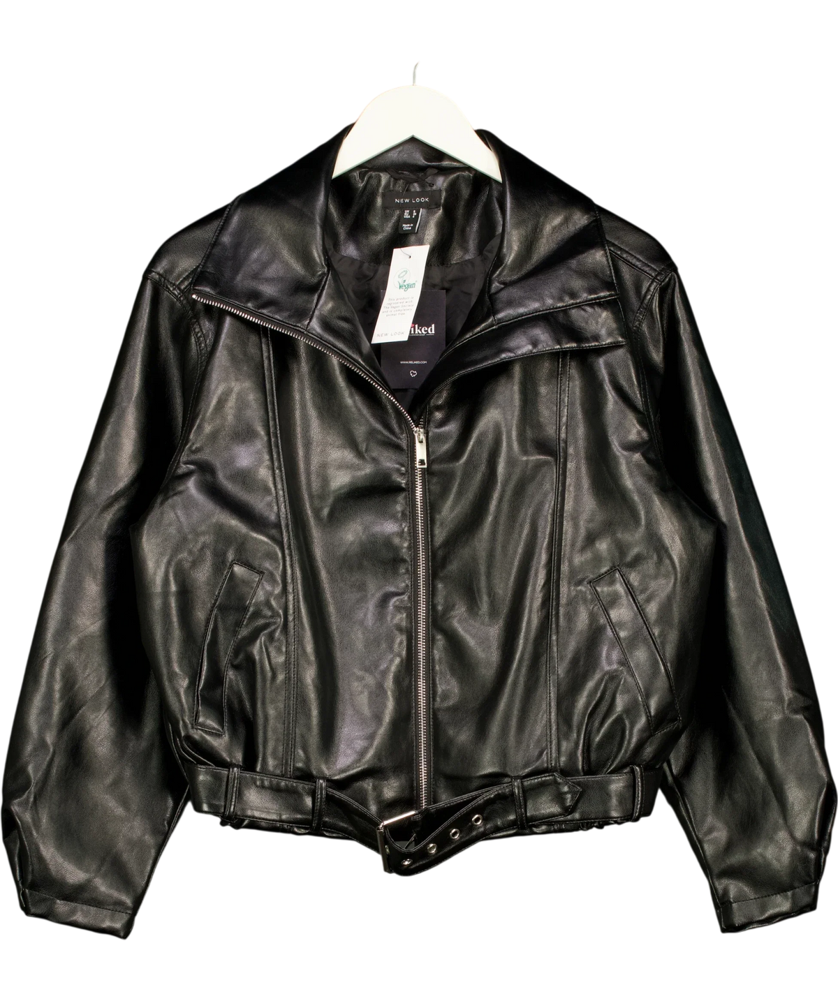 New Look Black Black Faux Leather Buckle Hem Funnel Neck Jacket, size UK 8 — front