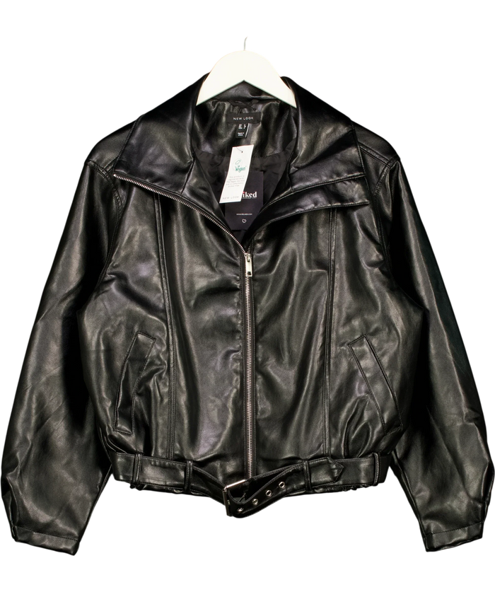 New Look Black Faux Leather Buckle Hem Funnel Neck Jacket UK 8