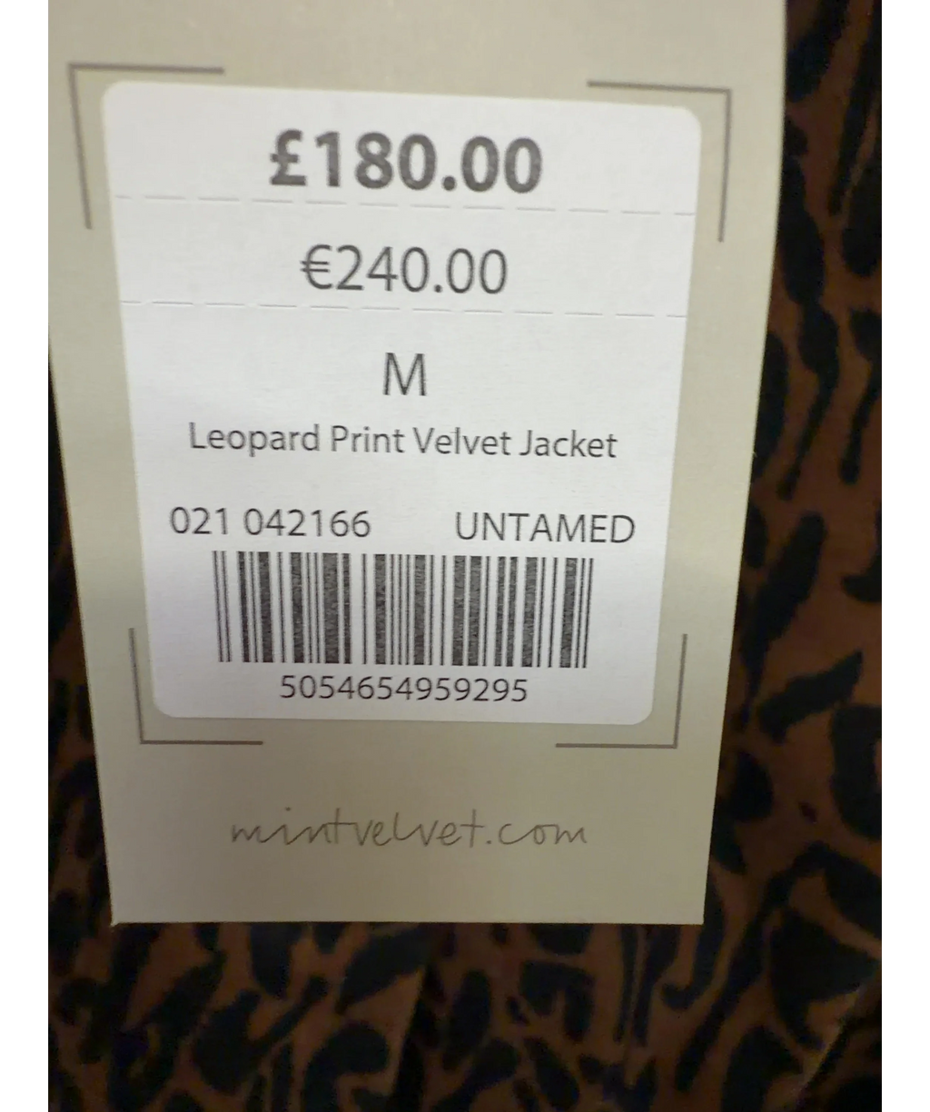 Mint Velvet Brown Leopard Print Velvet Jacket, size UK M — care label