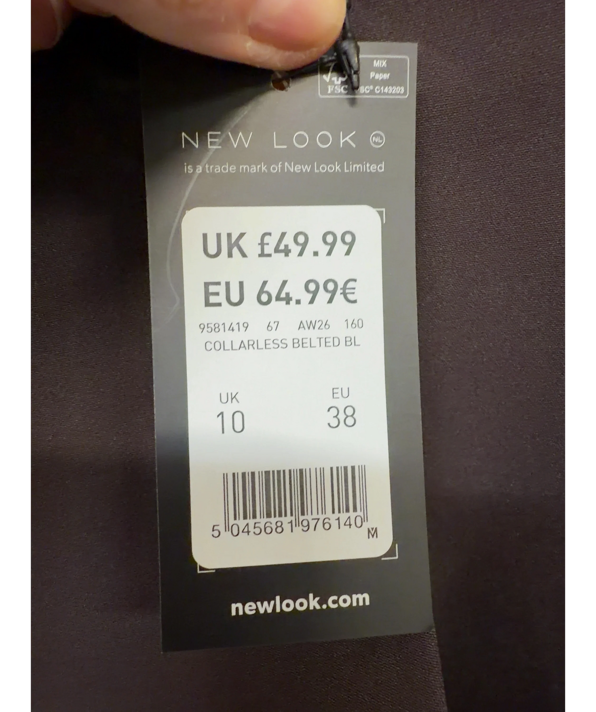 New Look Brown COLLARLESS BELTED BL, size UK 10 — care label