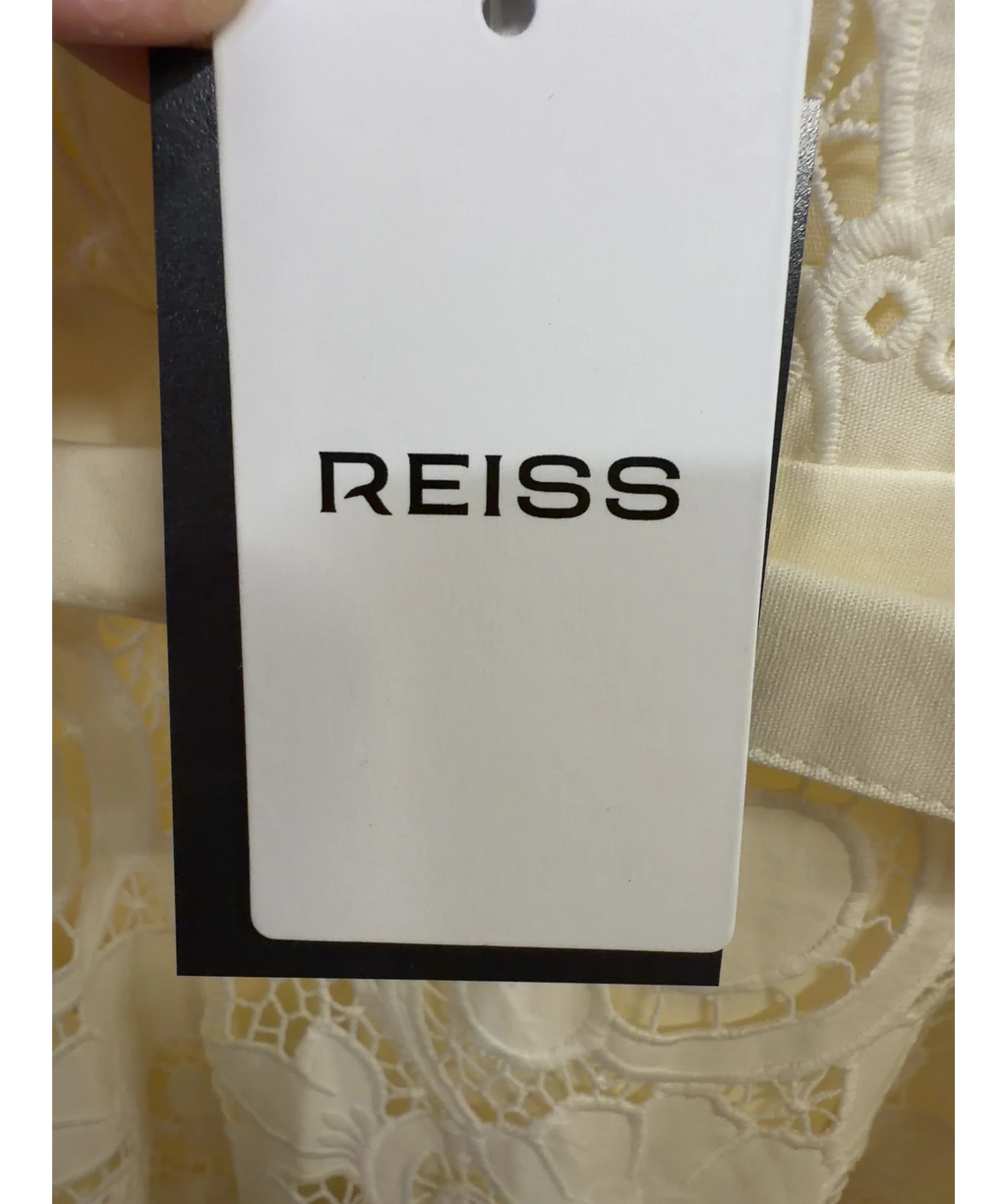 REISS Cream Kerina Cotton-Blend Lace Button-Front Midi Dress, size UK 6 — detail