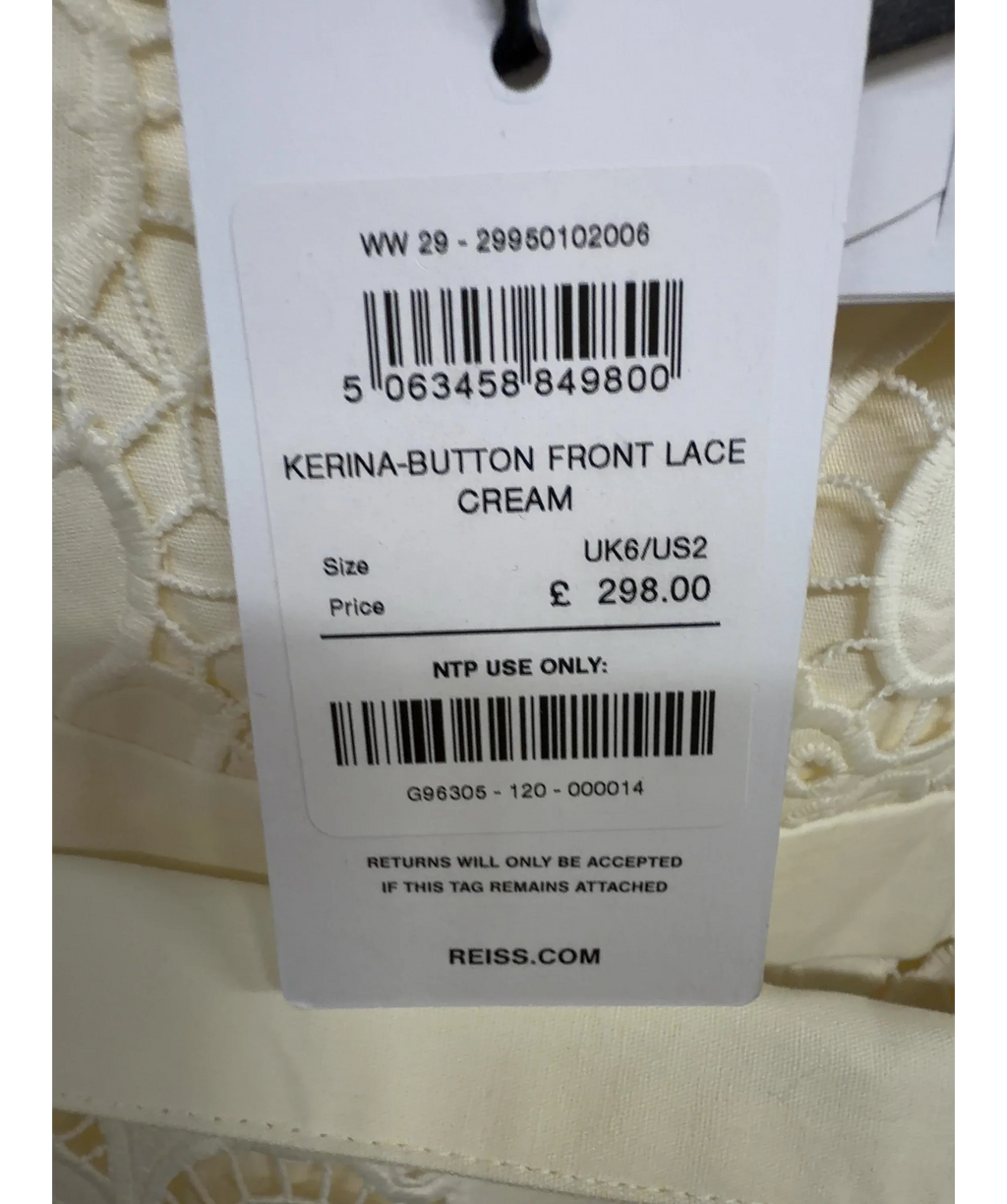 REISS Cream Kerina Cotton-Blend Lace Button-Front Midi Dress, size UK 6 — care label
