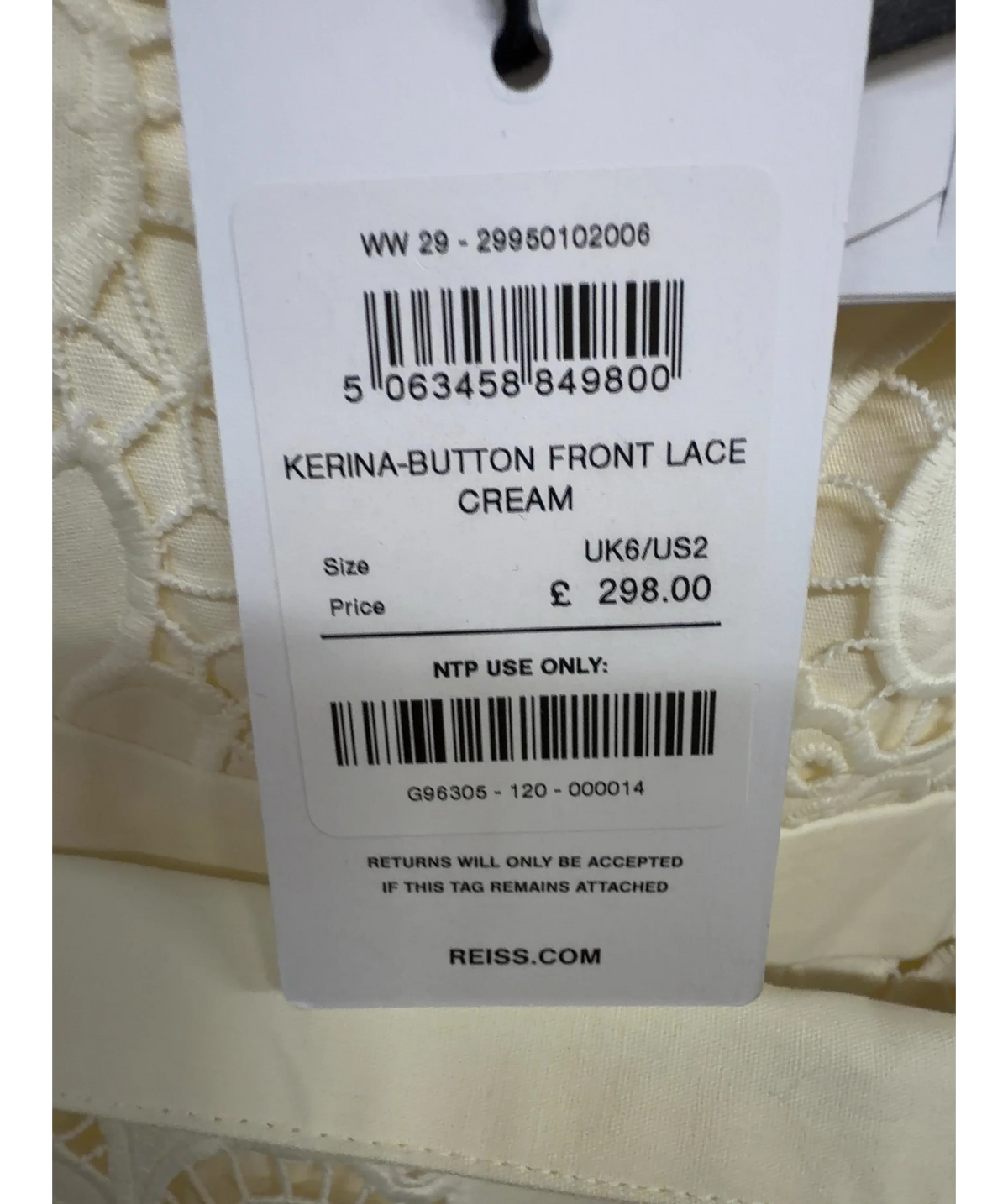 REISS Cream Kerina Cotton-Blend Lace Button-Front Midi Dress, size UK 6 — care label