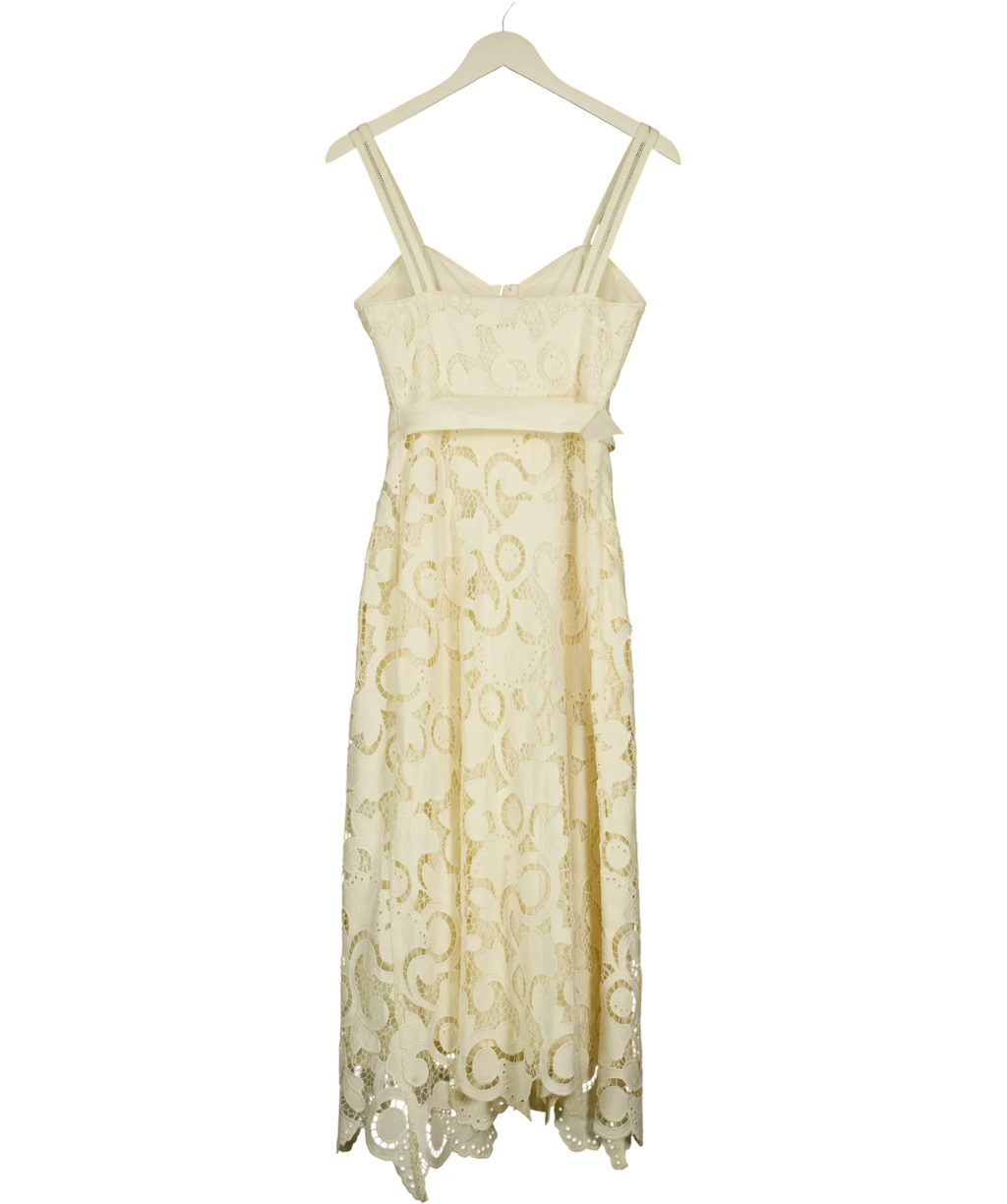 REISS Cream Kerina Cotton-Blend Lace Button-Front Midi Dress, size UK 6 — back