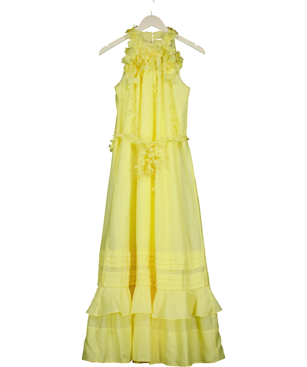 KAREN MILLEN Yellow Applique Beaded Halter Woven Maxi Dress, size UK 6 — front