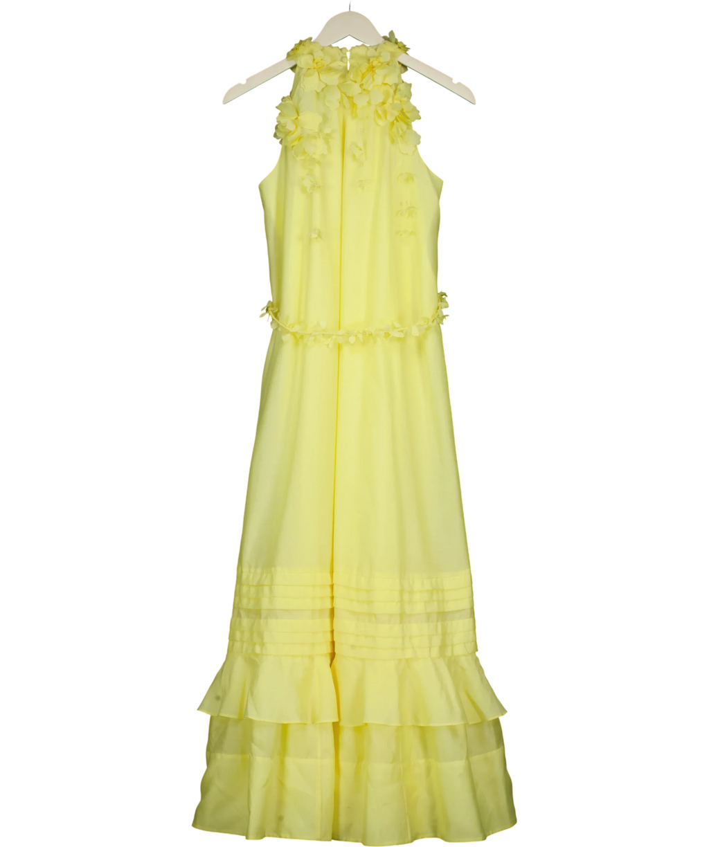 KAREN MILLEN Yellow Applique Beaded Halter Woven Maxi Dress, size UK 6 — back