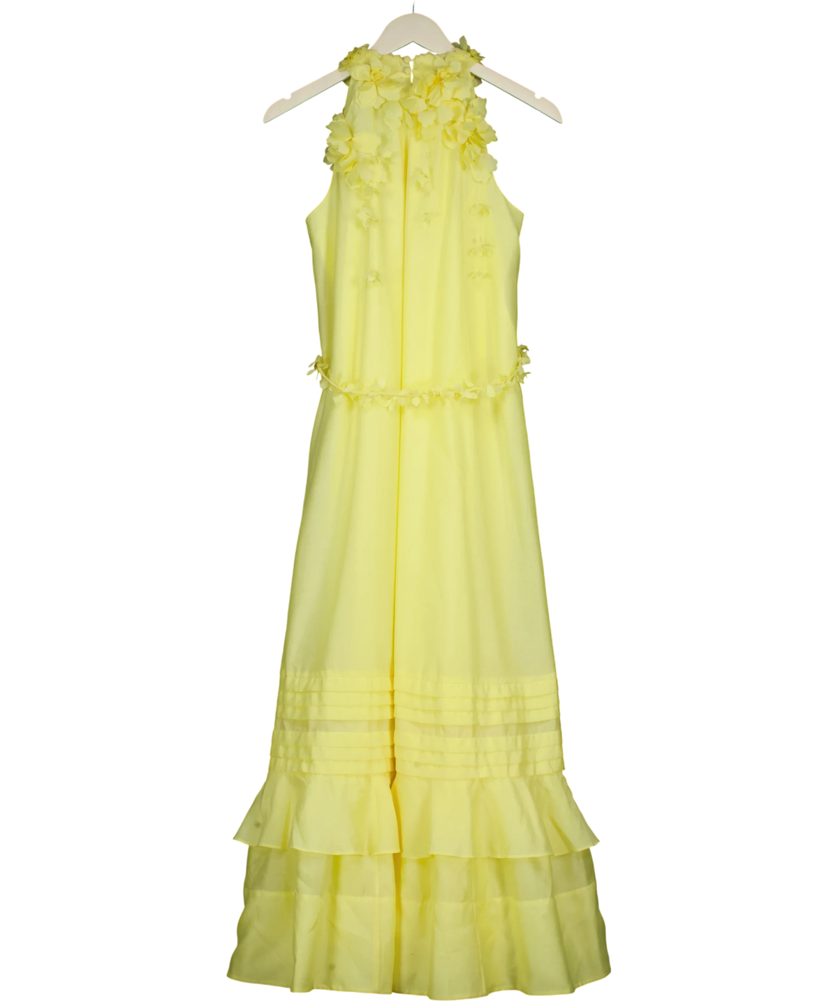 KAREN MILLEN Yellow Applique Beaded Halter Woven Maxi Dress, size UK 6 — back