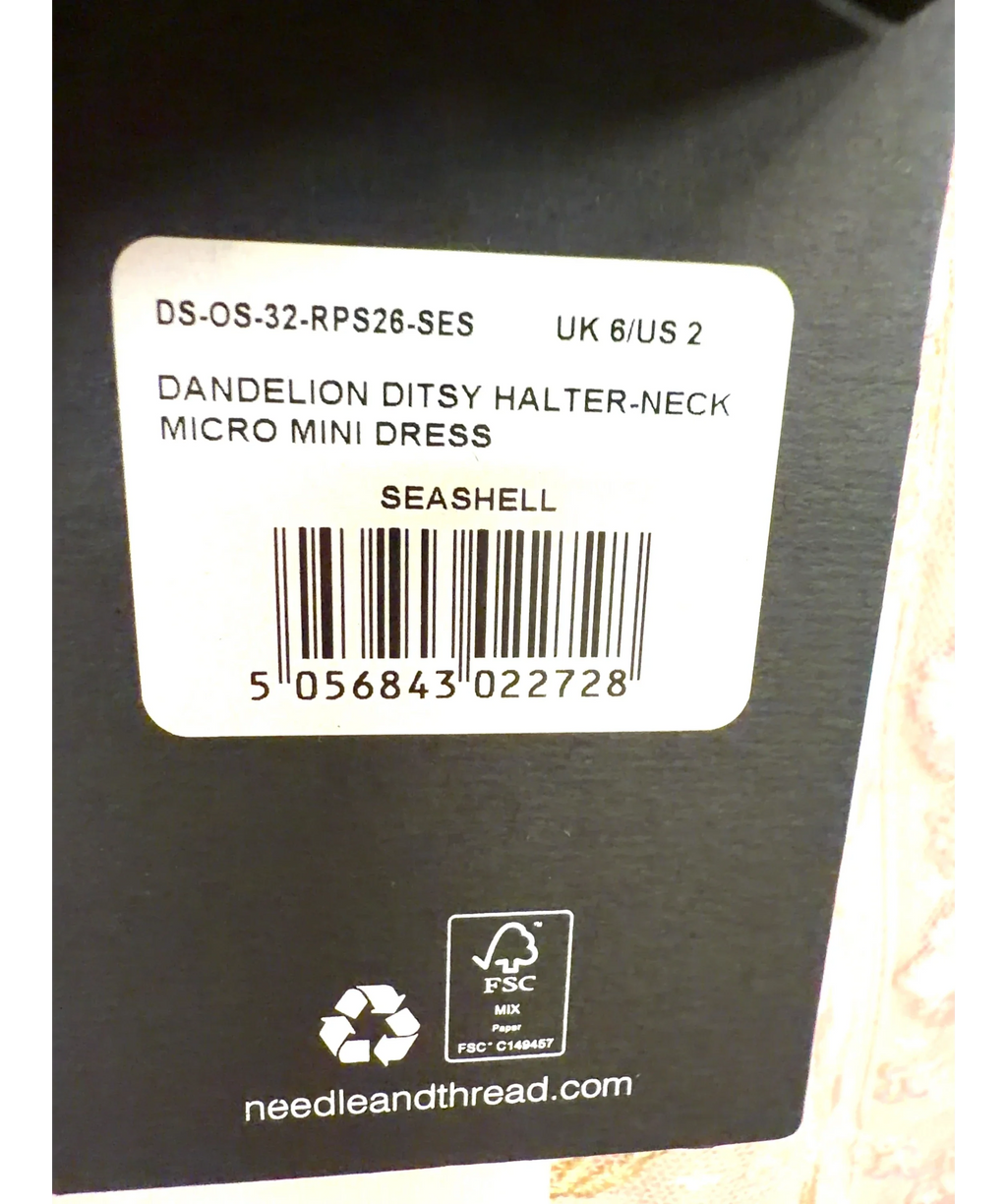 Needle & Thread Pink Dandelion Ditsy Halter-Neck Micro Mini Dress, size UK 6 — care label