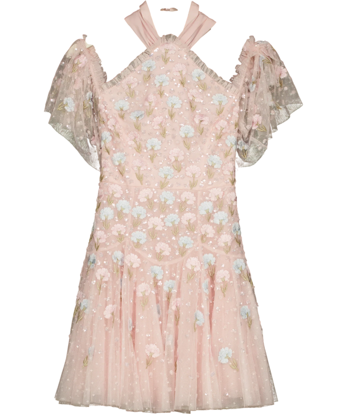 Needle & Thread Pink Dandelion Ditsy Halter-Neck Micro Mini Dress, size UK 6 — front