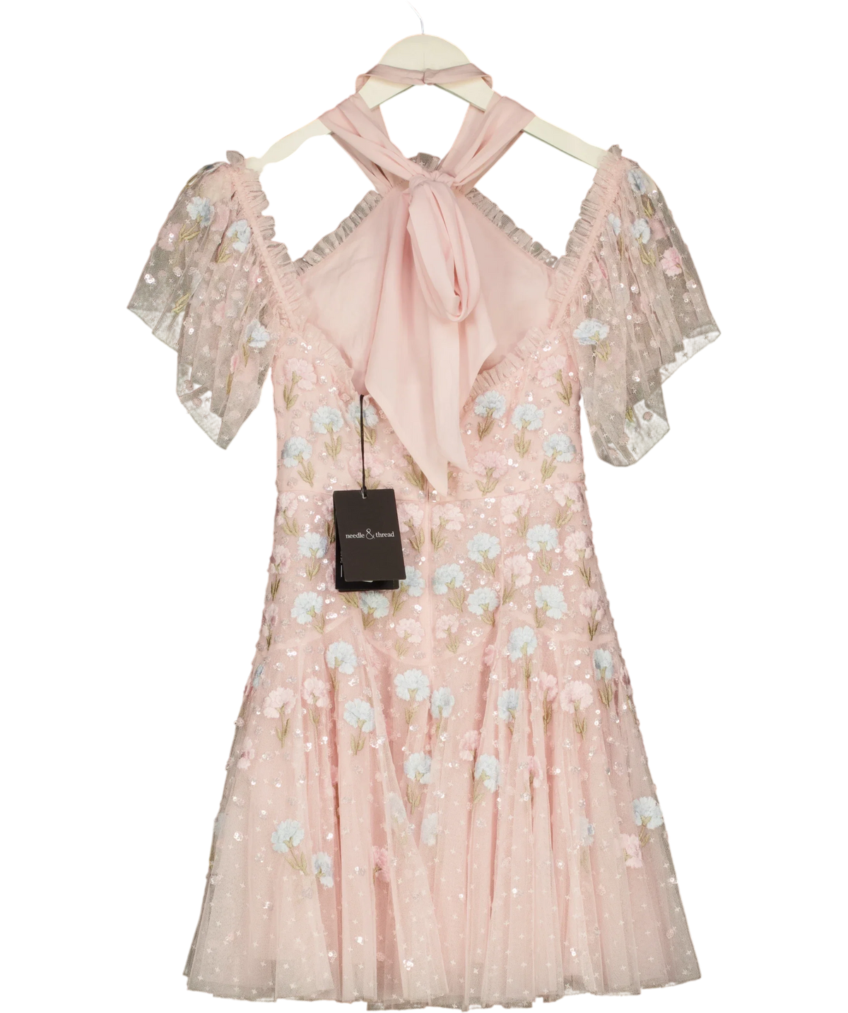 Needle & Thread Pink Dandelion Ditsy Halter-Neck Micro Mini Dress, size UK 6 — back