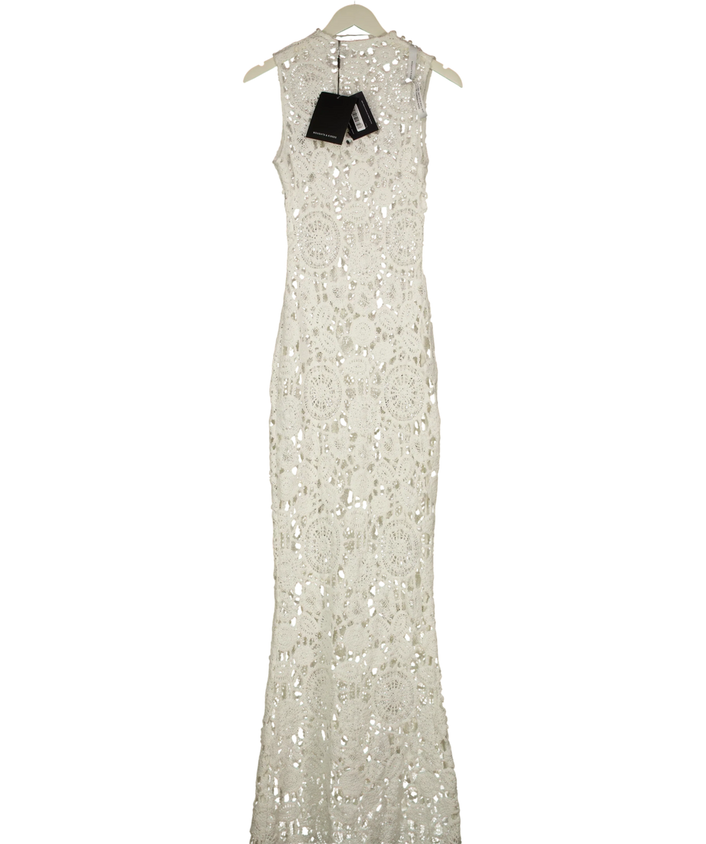 Noughts & Kisses White MAYA White High Neck Crochet Maxi Dress, size UK XS — front