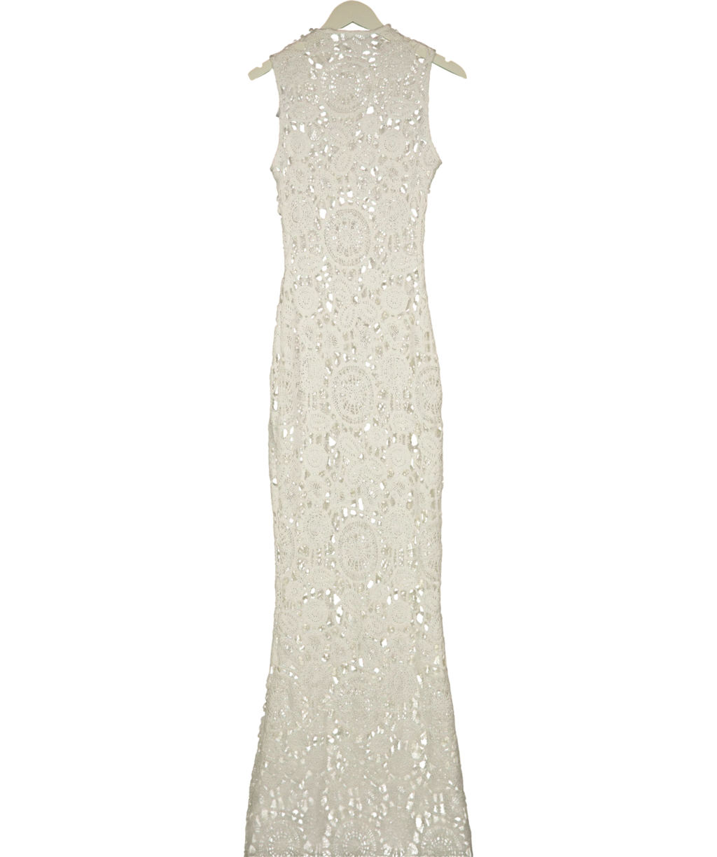 Noughts & Kisses White MAYA White High Neck Crochet Maxi Dress, size UK XS — back