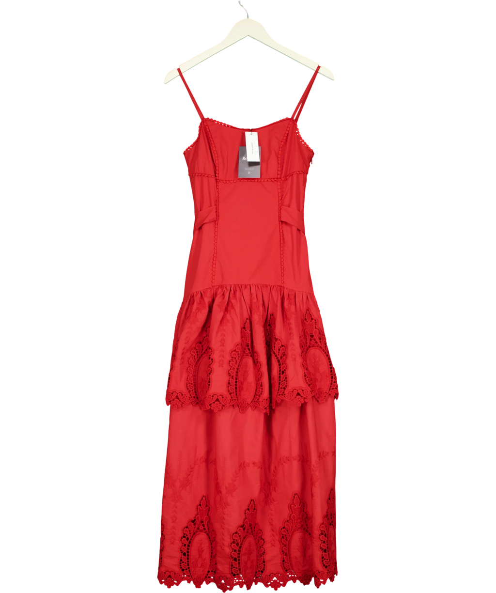 KAREN MILLEN Red Cotton Cutwork Strappy Woven Midi Dress, size UK 6 — front
