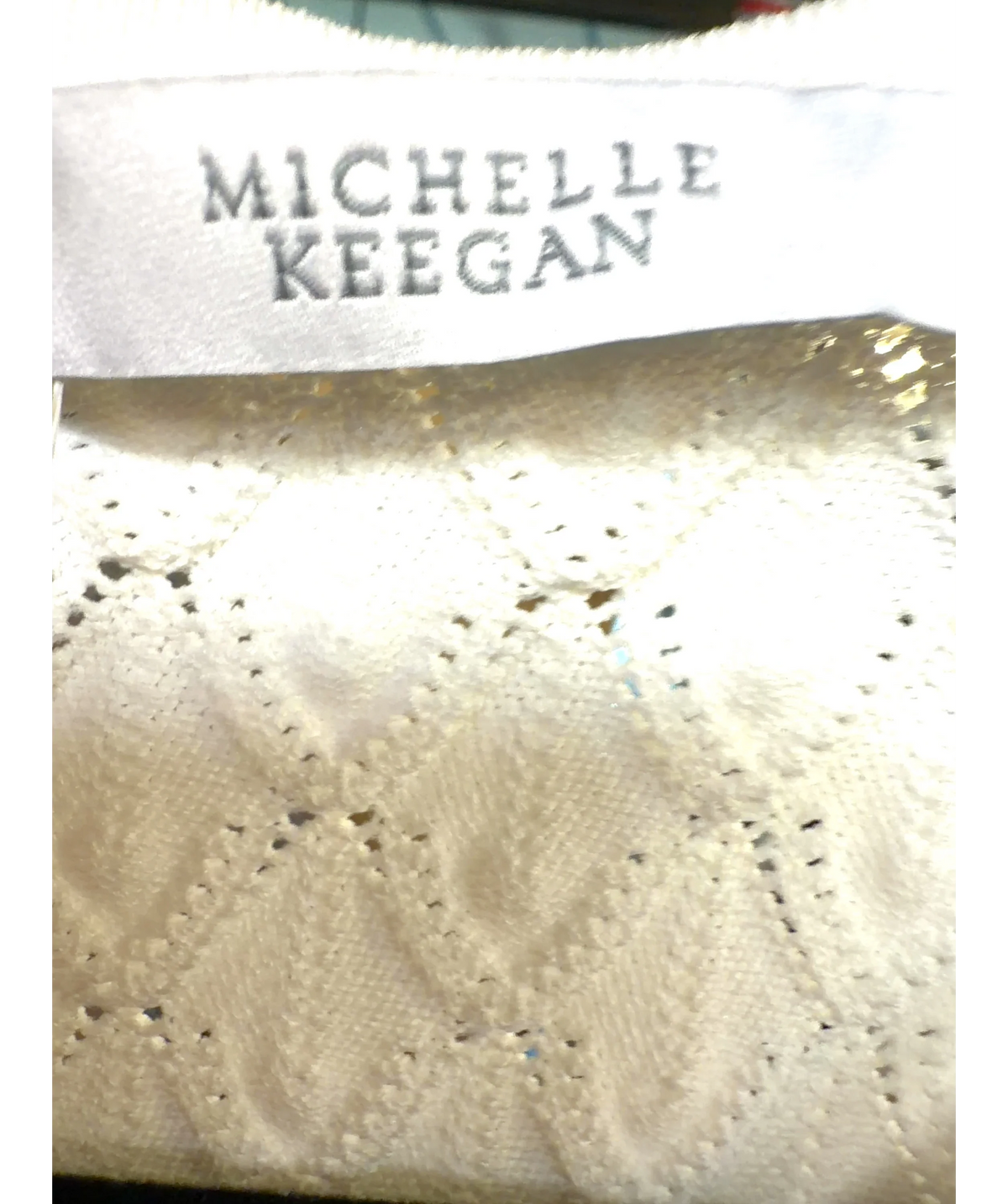 Michelle Keegan White Pointelle Knit Dropped Waist Midaxi Dress, size UK 8 — detail