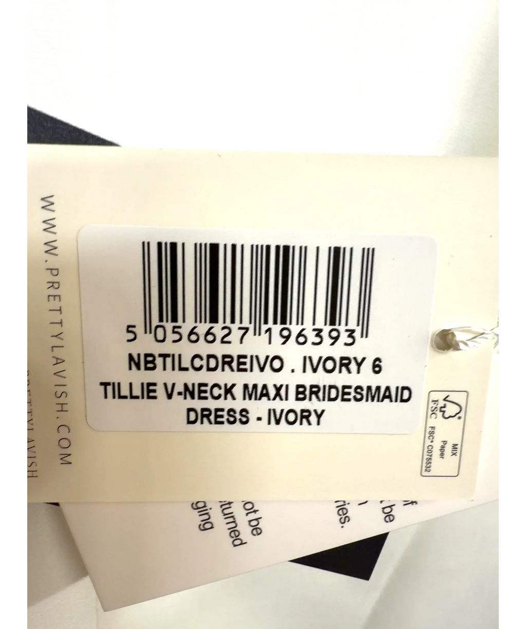 PRETTY LAVISH ivory Tillie V-Neck Maxi Bridesmaid Dress, size UK 6 — care label