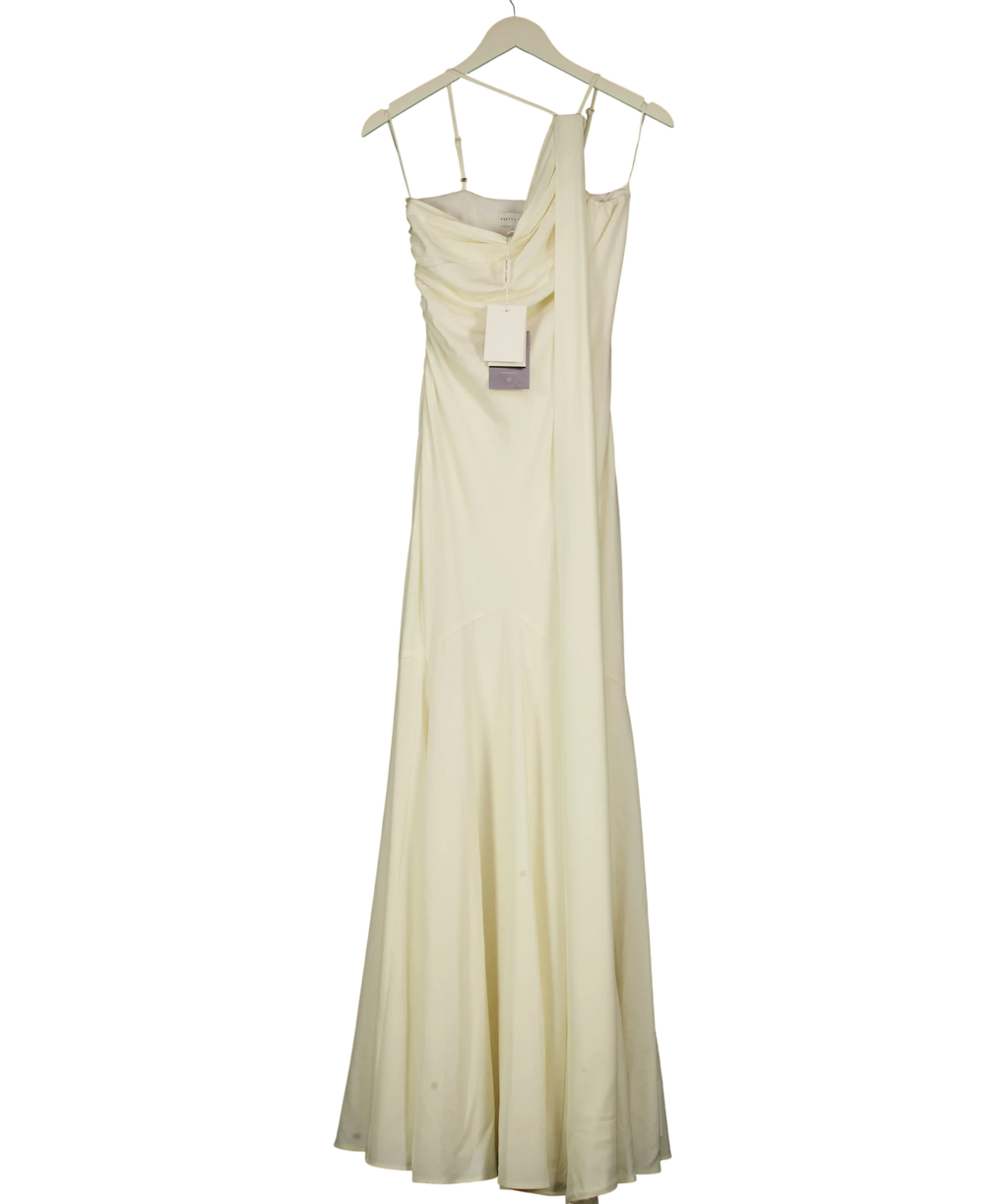 PRETTY LAVISH ivory Porto One Shoulder Godet Maxi Dress, size UK 6 — front