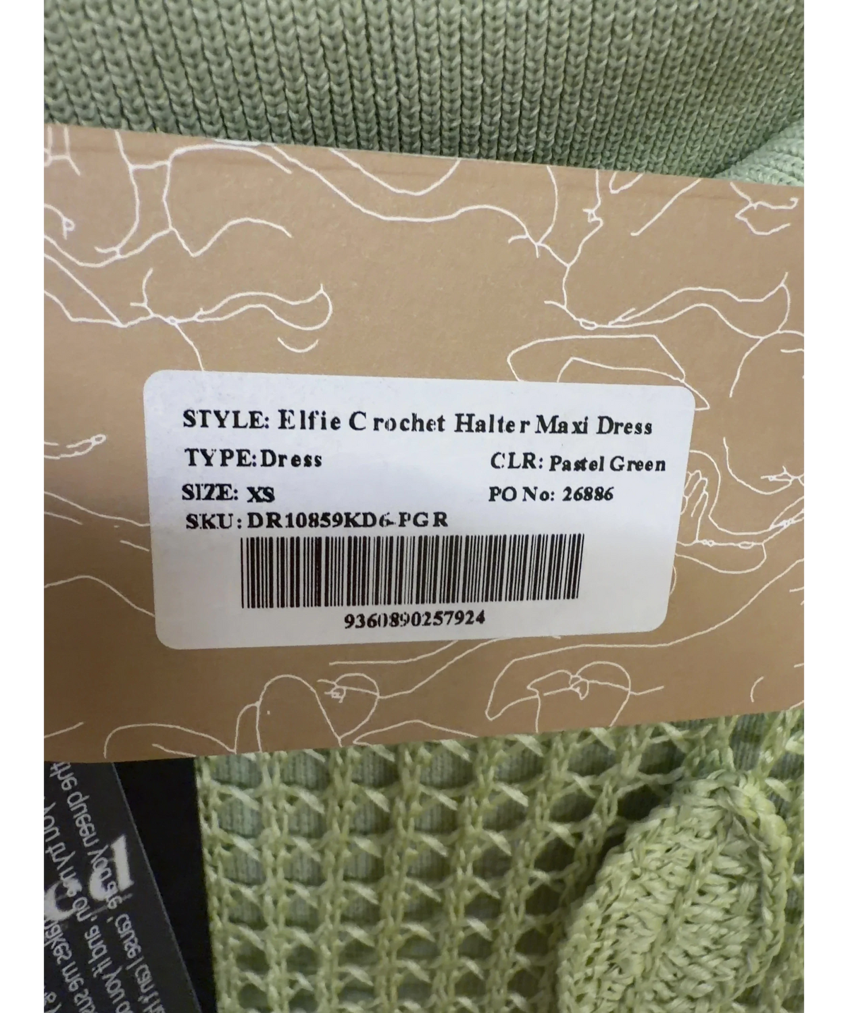 Meshki light green Elfie Crochet Halter Maxi Dress, size UK XS — care label