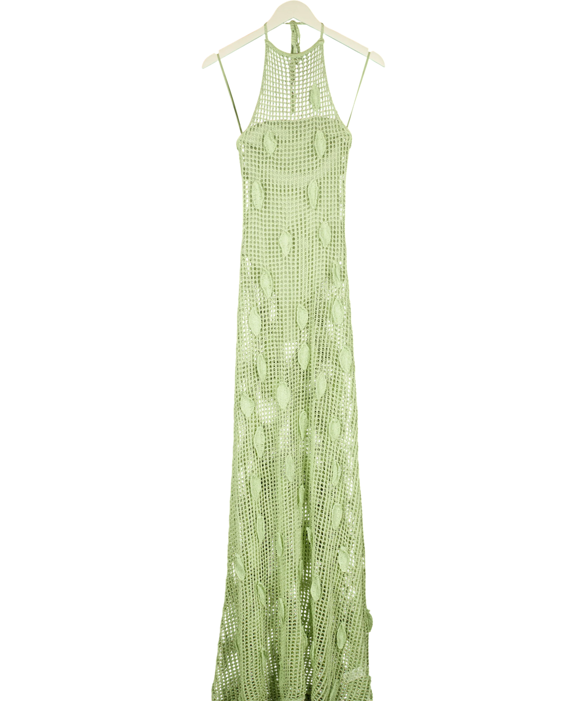 Meshki light green Elfie Crochet Halter Maxi Dress, size UK XS — front