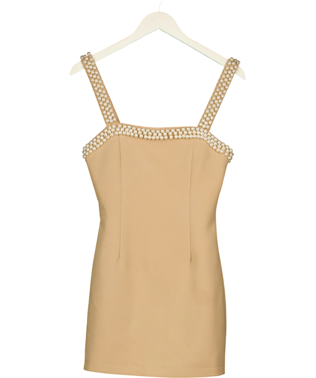 ODD MUSE Beige The Ultimate Muse Pearl Trim Mini Dress, size UK XS — front