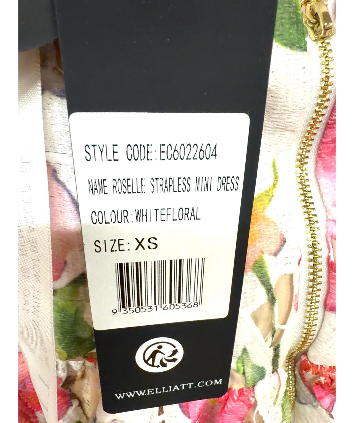 Elliatt Multicoloured ROSELLE STRAPLESS MINI DRESS, size UK XS — care label