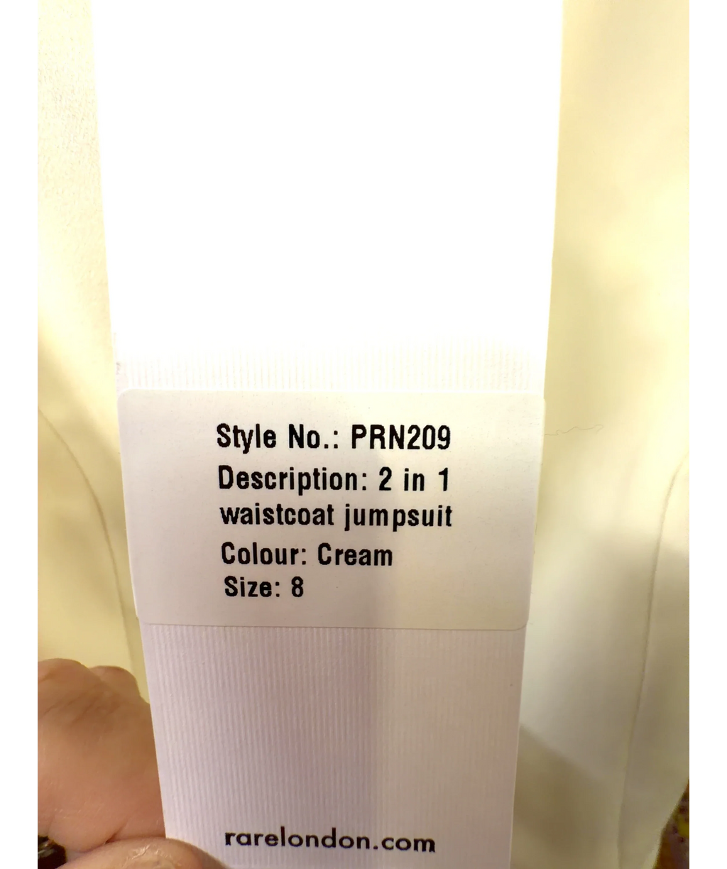 RARE LONDON Cream Cream 2 In 1 Waistcoat Jumpsuit, size UK 8 — care label