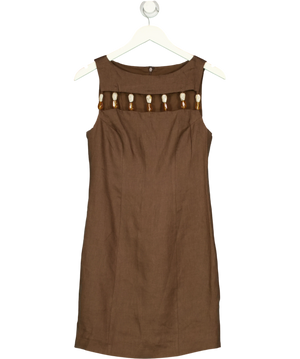 Mint Velvet Beaded Cut Out Pure Linen Mini Dress Brown UK 6