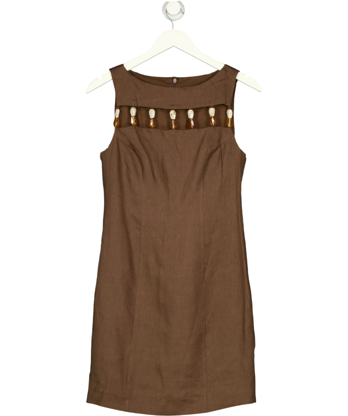 Mint Velvet Brown Beaded Cut Out Pure Linen Mini Dress, size UK 6 — front