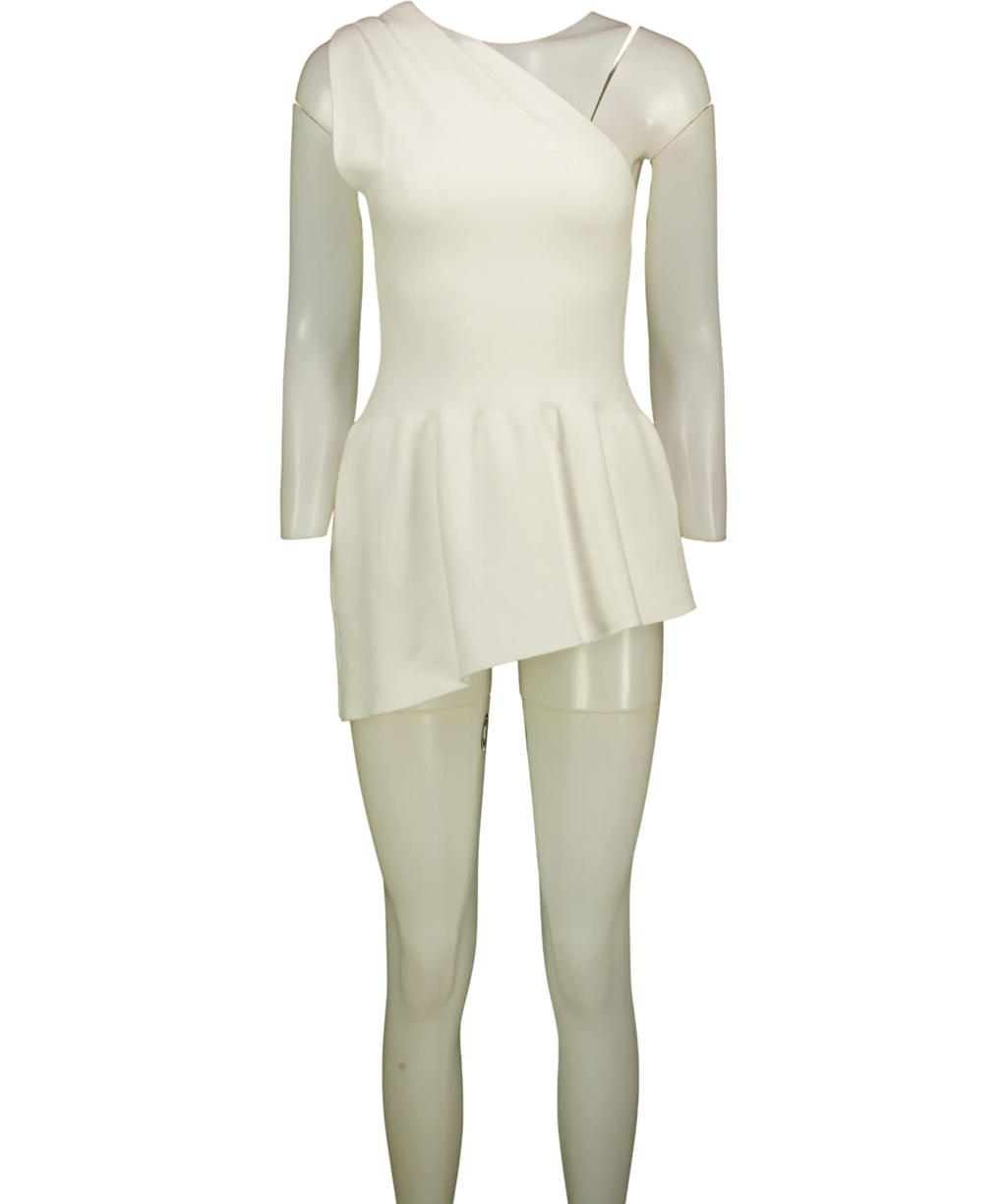 TOPSHOP White knitted compact peplum one-shoulder top, size UK XS — front