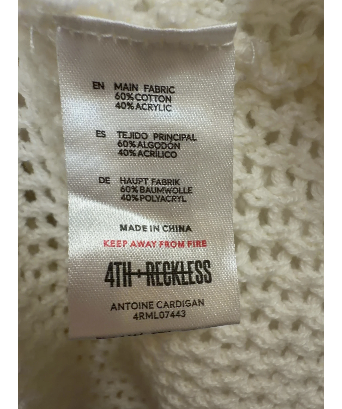4TH + RECKLESS Cream Antoine Crochet Tie Front Cardigan, size UK 8 — label