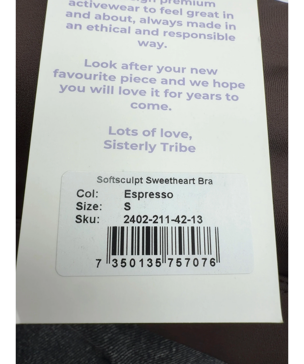 SISTERLY TRIBE Brown Softsculpt Sweetheart Bra, size UK S — care label