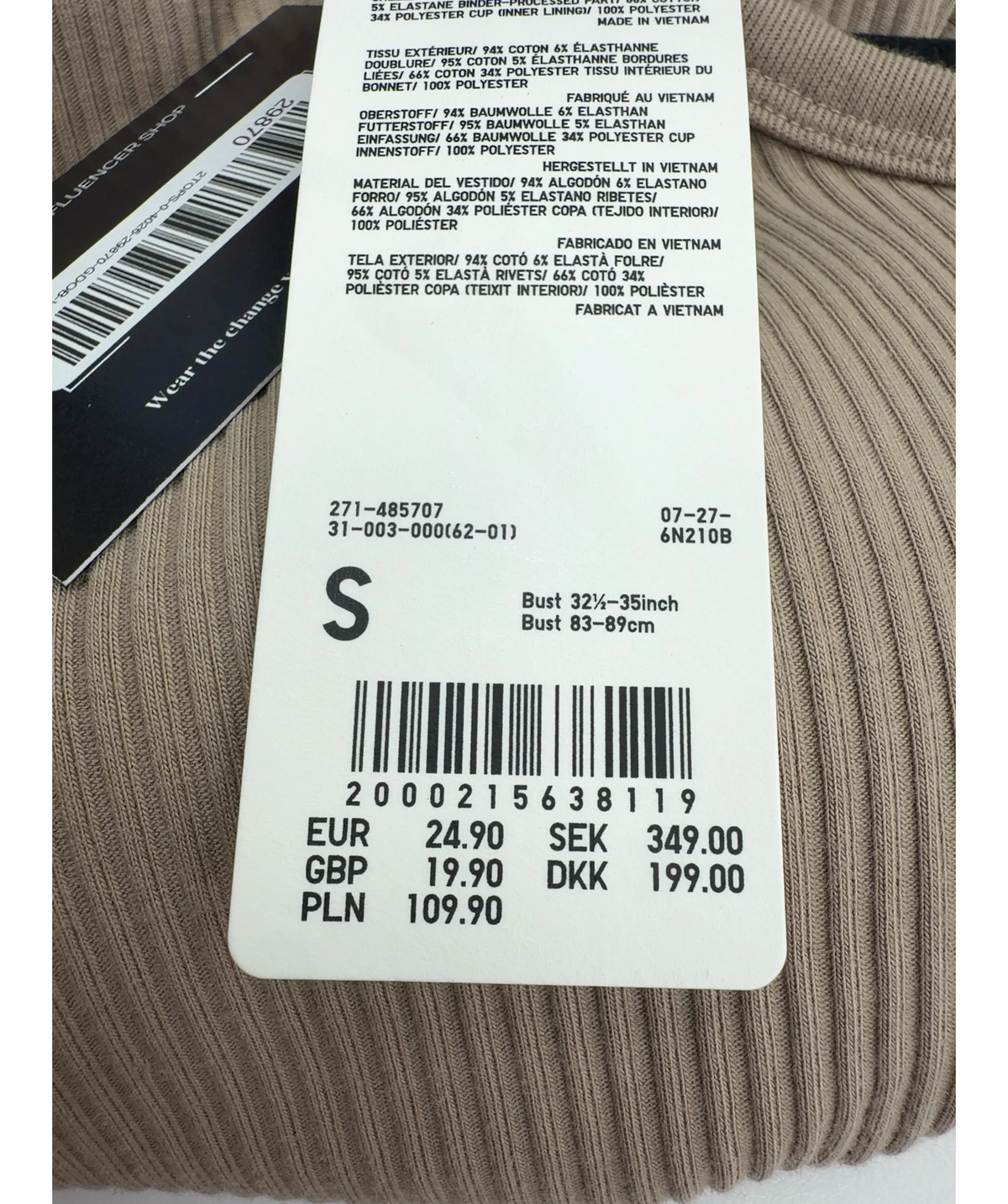 Uniqlo Beige Square Neck Camisole Bra Top, size UK S — care label