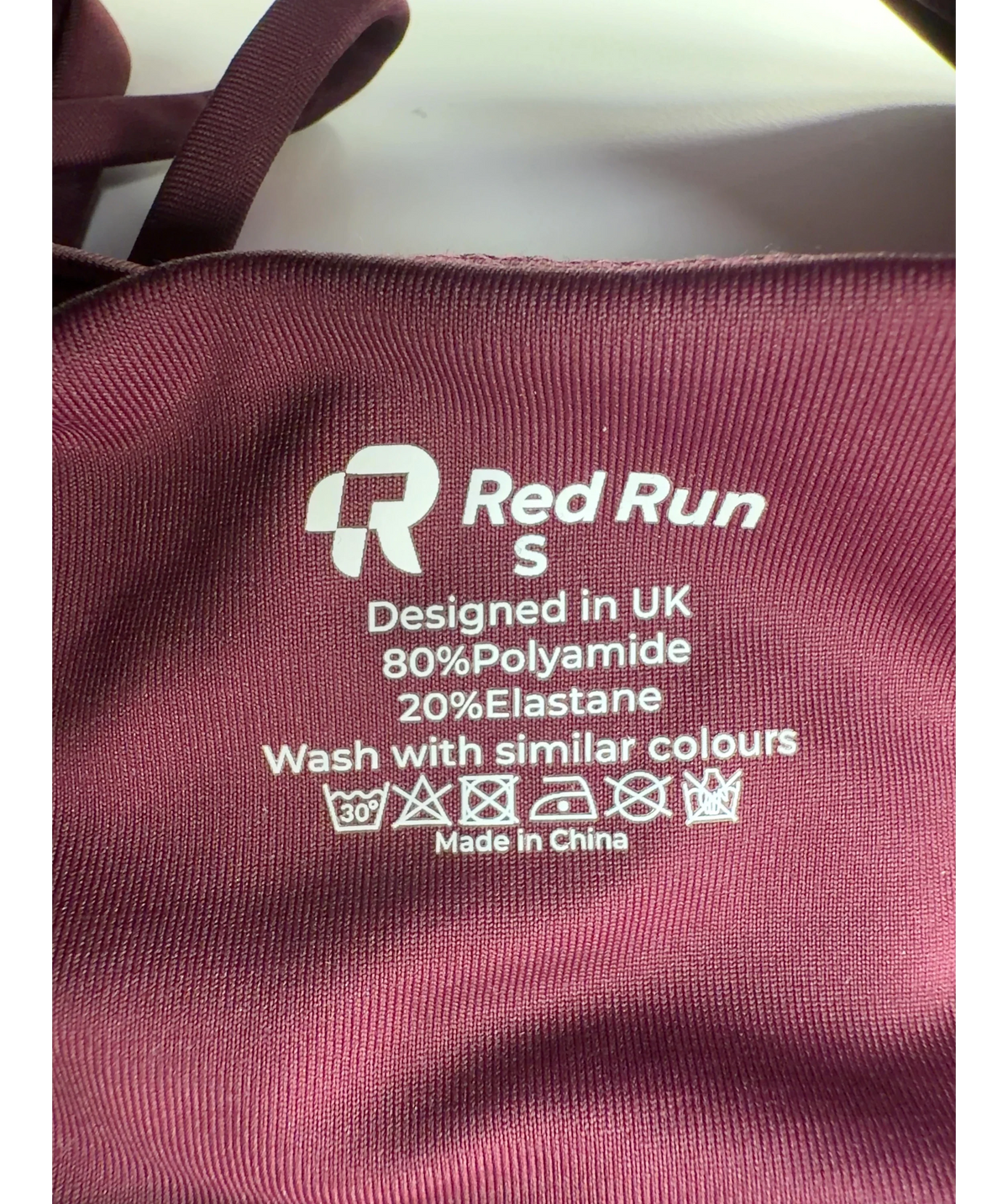 red run burgundy Active Strappy Workout Bra, size UK S — label