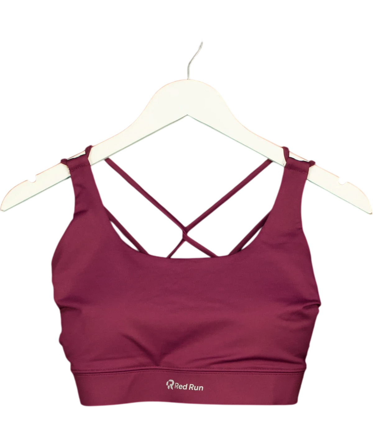 red run burgundy Active Strappy Workout Bra, size UK S — front