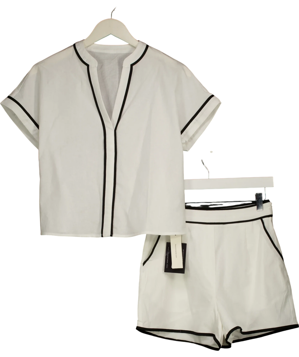 Commense White Cotton Linen Contrast Trim Top & Shorts Set, size UK XS — front