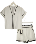 Commense White Cotton Linen Contrast Trim Top & Shorts Set, size UK XS — front
