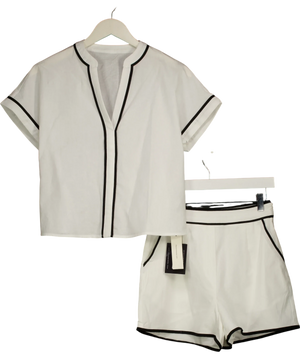 Commense Cotton Linen Contrast Trim Top & Shorts Set UK XS