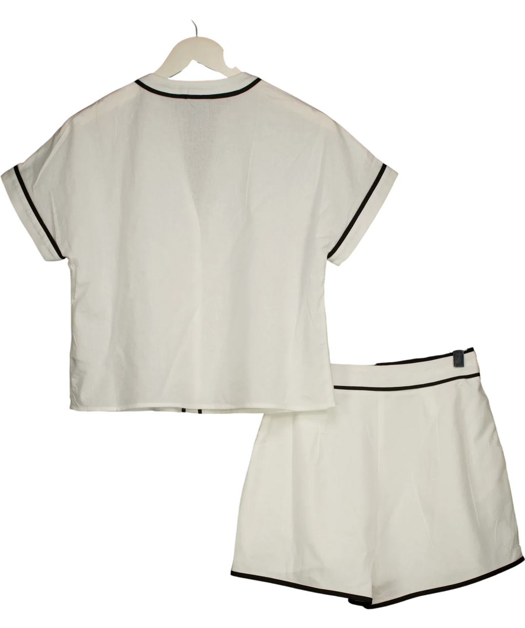 Commense White Cotton Linen Contrast Trim Top & Shorts Set, size UK XS — back