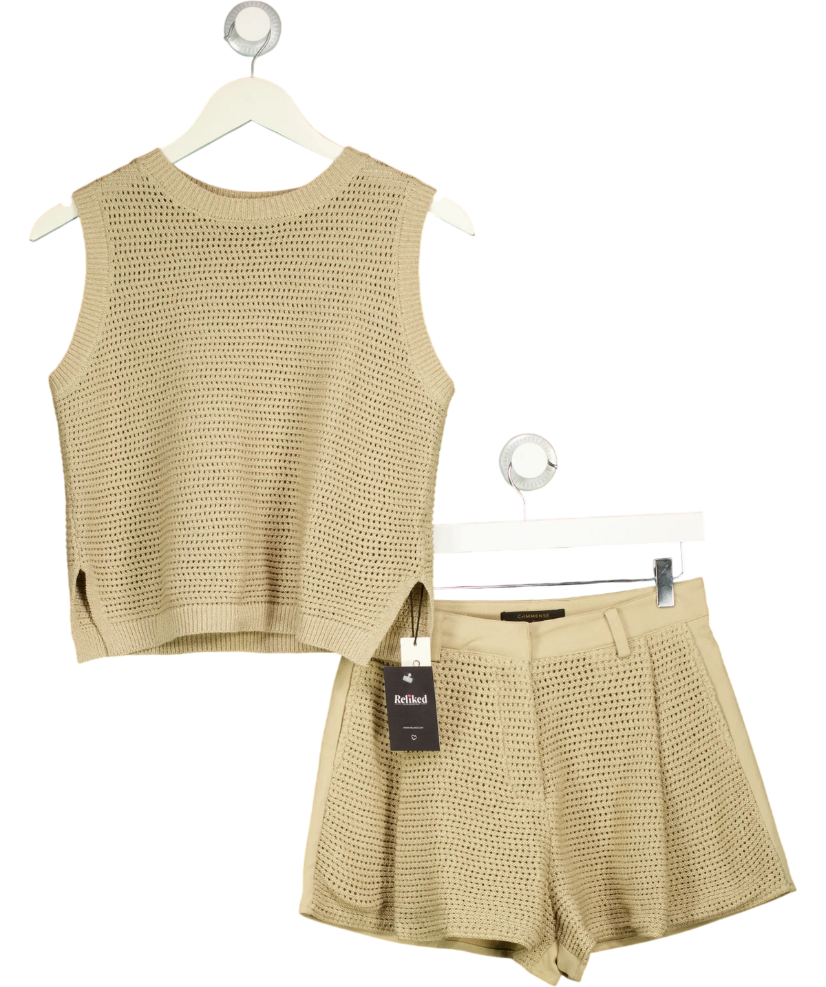 Commense Beige Open Knit Sleeveless Tank Top & Shorts Set, size UK S — front