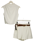 Commense White Draped Sleeveless Top & Belted Shorts Set, size UK XS — front