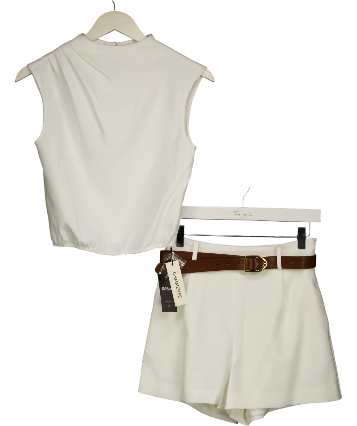 Commense White Draped Sleeveless Top & Belted Shorts Set, size UK XS — front