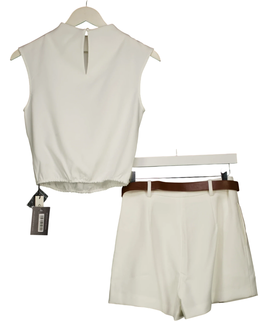 Commense White Draped Sleeveless Top & Belted Shorts Set, size UK XS — back