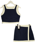 Commense navy Cotton Contrast Trim Two Piece Skirt Set, size UK XS — front