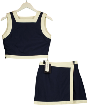 Commense Cotton Contrast Trim Two Piece Skirt Set Blue and Cream UK XS