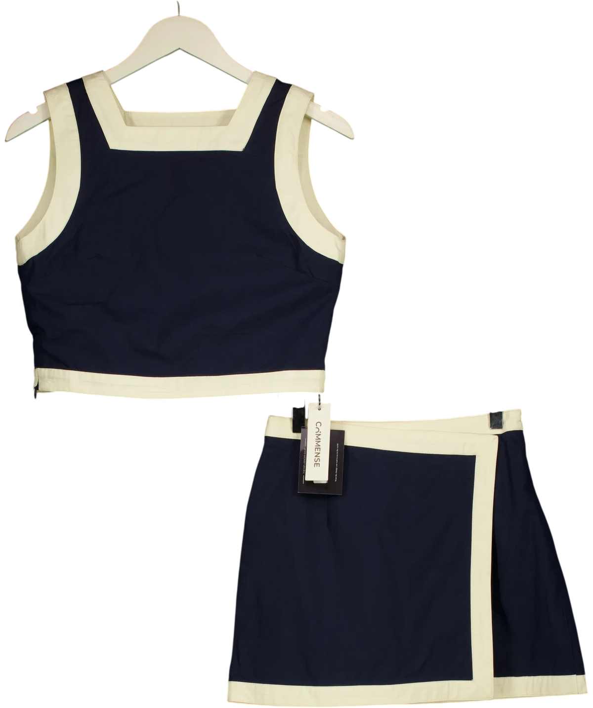 Commense navy Cotton Contrast Trim Two Piece Skirt Set, size UK XS — front