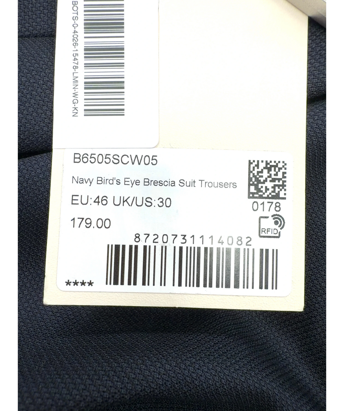 SuitSupply navy Bird's Eye Brescia Suit Trousers, size W31 — label