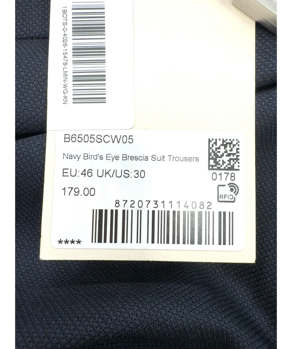 SuitSupply navy Bird's Eye Brescia Suit Trousers, size W31 — care label