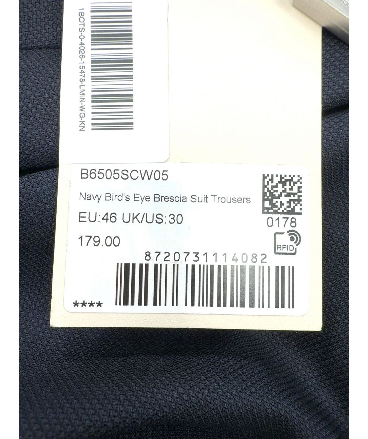 SuitSupply navy Bird's Eye Brescia Suit Trousers, size W31 — care label