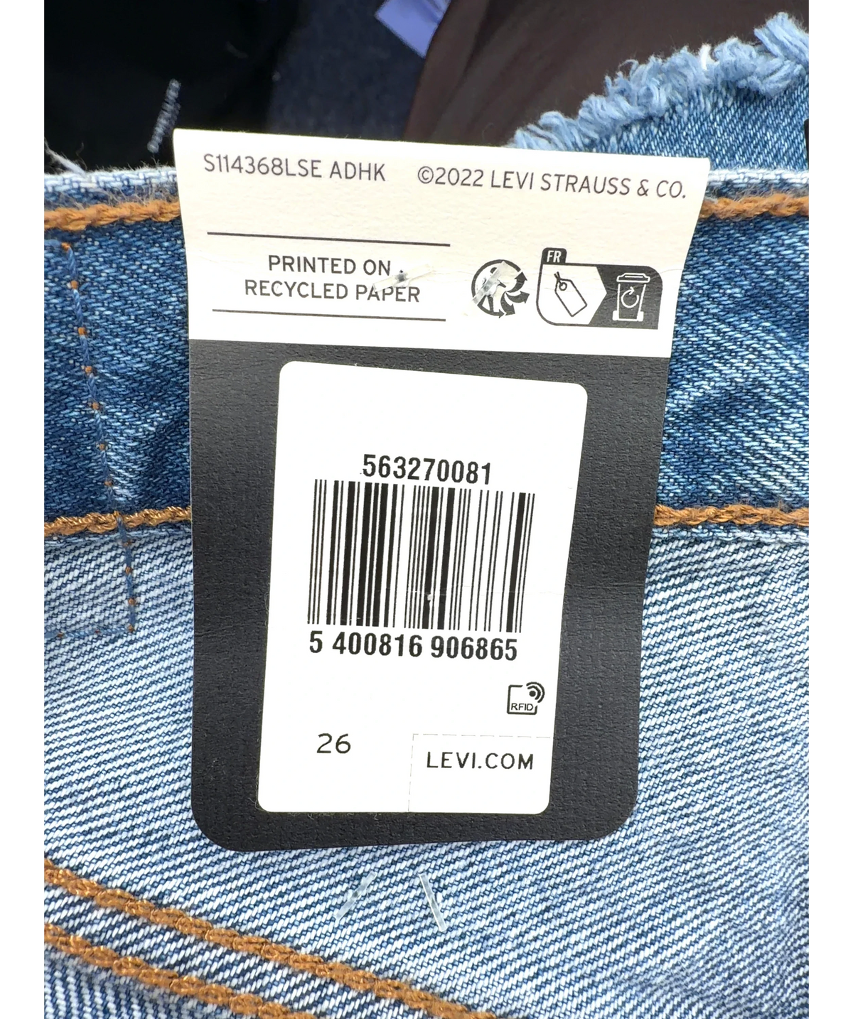 levis Blue 501® Original High-Rise Shorts, size W26 — label